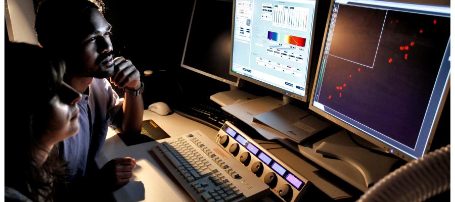 Staff and student analysing data at a computer.