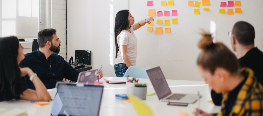 A meeting with people, presenting with a whiteboard