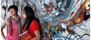 Students stand infront of a mosaic, 'Galapagos', designed and made by artist Elise Johnston.