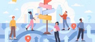 People trying to find the right path direction and guide to destination